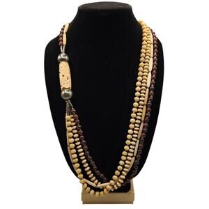 VTG Tribal Style Necklace Carved Bovine Bone Hairpipe Beads Lion Elephant Motif